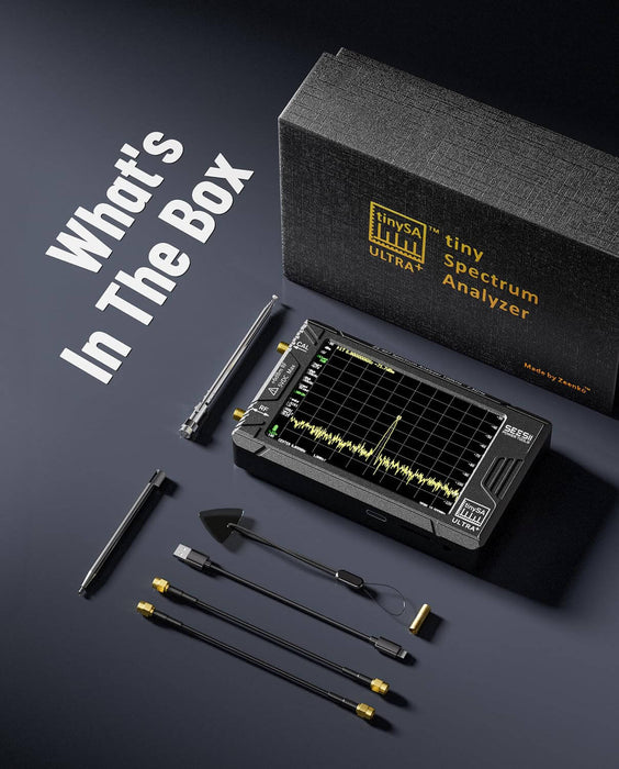 Seesii ZS407 TinySA Ultra+ 7.3GHz spectrum analyzer full package overview, complete device, original box and all matching accessories display shot
