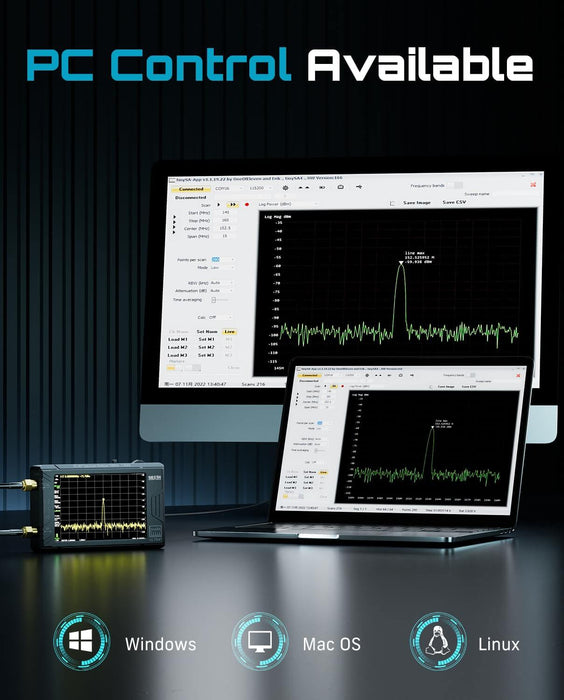 Seesii ZS407 TinySA Ultra+ 7.3GHz spectrum analyzer PC control feature graphic, compatible with Windows Mac Linux multi-system software operation demo