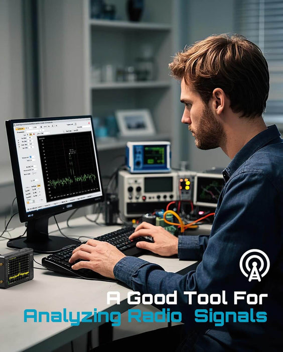 Seesii ZS407 TinySA Ultra+ 7.3GHz spectrum analyzer lab application scene, professional radio signal analysis tool for electronic engineering testing