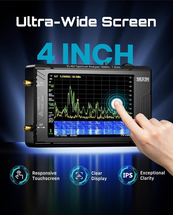 Seesii ZS407 TinySA Ultra+ 7.3GHz spectrum analyzer feature graphic, 4-inch IPS touch responsive wide screen display closeup
