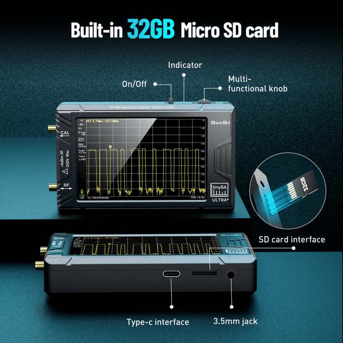 SEESII TinySA Ultra+ ZS406 Spectrum Analyzer, 100kHz–5.4GHz Handheld RF Analyzer - Spectrum Analyzer - SeeSii