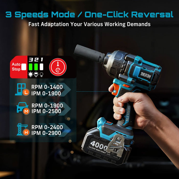 thumbnail image 2 of ONEVAN 1200Nm 1/2" Brushless Cordless Impact Wrench Kit – 20V 5Ah Li-Ion, 4 Gears, 1200W 2 of 4