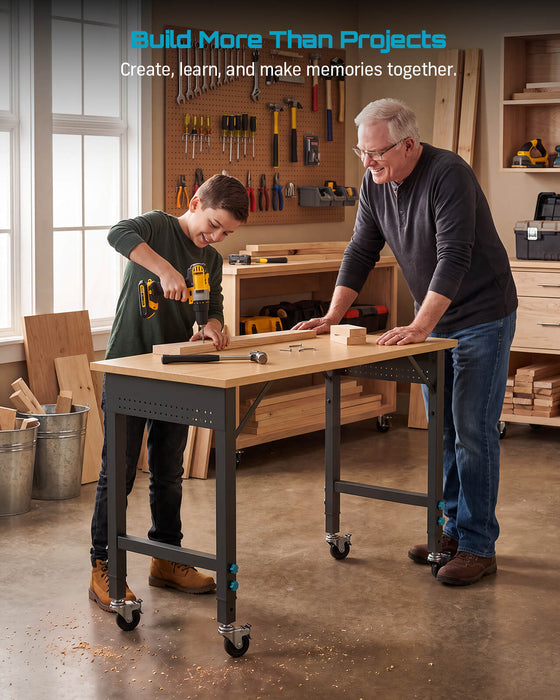 Seesii adjustable workbench frame with locking casters for family DIY woodworking, learning and building projects