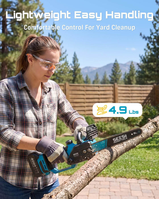SEESII 10-Inch Cordless Mini Chainsaw, Electric Saw with Brushless Motor
2×4.0Ah Batteries, Battery Powered Saw with Automatic Oiler, 32.8FT/S Fast Cutting Speed for Tree Trimming, Garden & Backyard