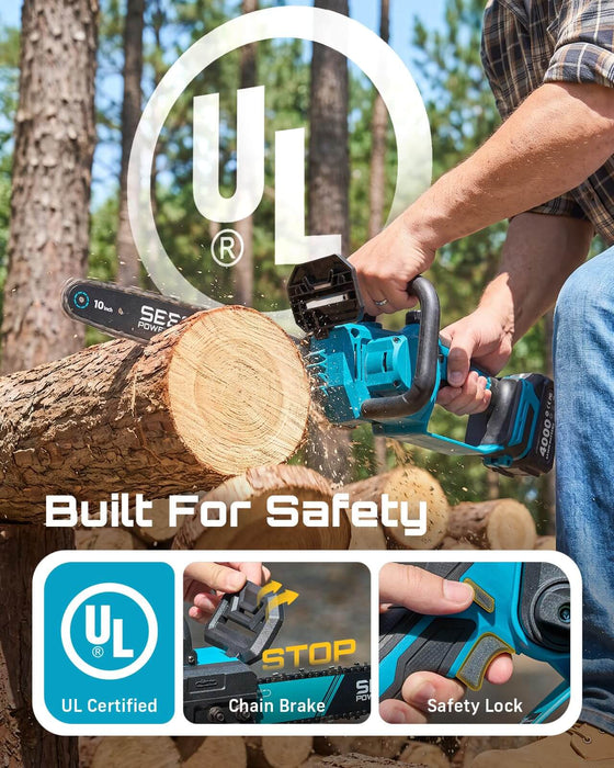 SEESII 10-Inch Cordless Mini Chainsaw, Electric Saw with Brushless Motor
2×4.0Ah Batteries, Battery Powered Saw with Automatic Oiler, 32.8FT/S Fast Cutting Speed for Tree Trimming, Garden & Backyard