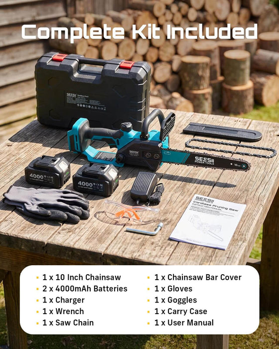 SEESII 10-Inch Cordless Mini Chainsaw, Electric Saw with Brushless Motor
2×4.0Ah Batteries, Battery Powered Saw with Automatic Oiler, 32.8FT/S Fast Cutting Speed for Tree Trimming, Garden & Backyard