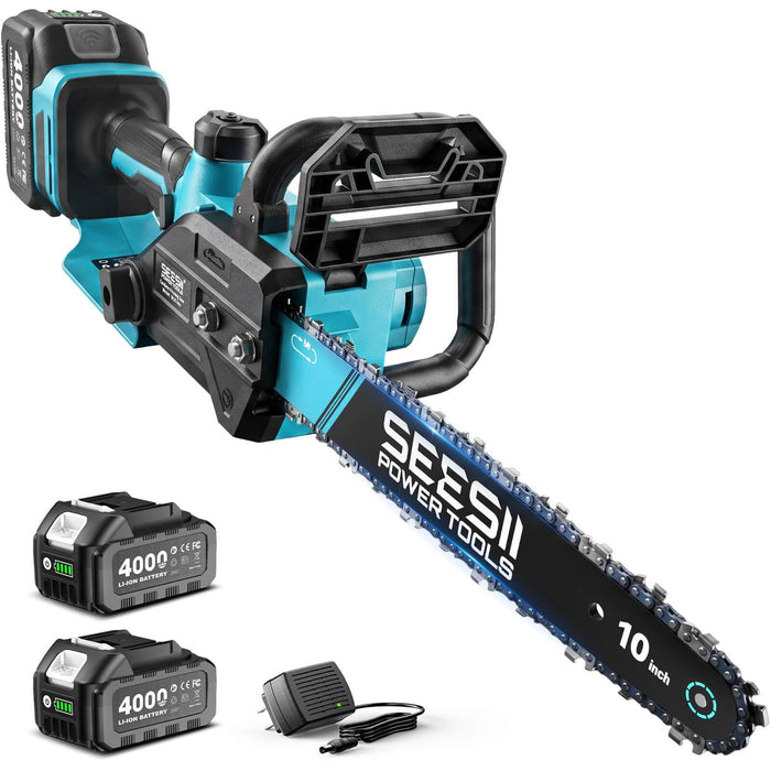SEESII 10-Inch Cordless Mini Chainsaw, Electric Saw with Brushless Motor
2×4.0Ah Batteries, Battery Powered Saw with Automatic Oiler, 32.8FT/S Fast Cutting Speed for Tree Trimming, Garden & Backyard