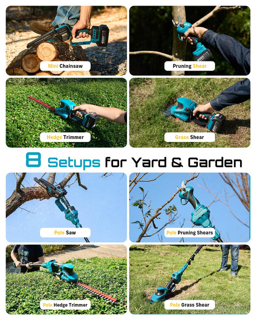 8 setups for yard garden, SEESII multi‑function cordless tools for sawing, pruning, hedge trimming & grass shearing
