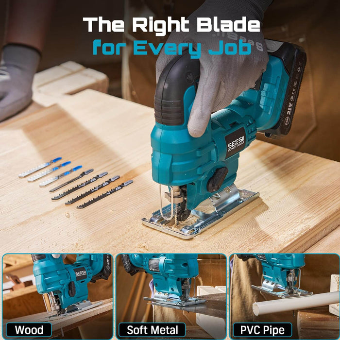 SEESII cordless jigsaw cutting wood, soft metal and PVC pipe with assorted jigsaw blades