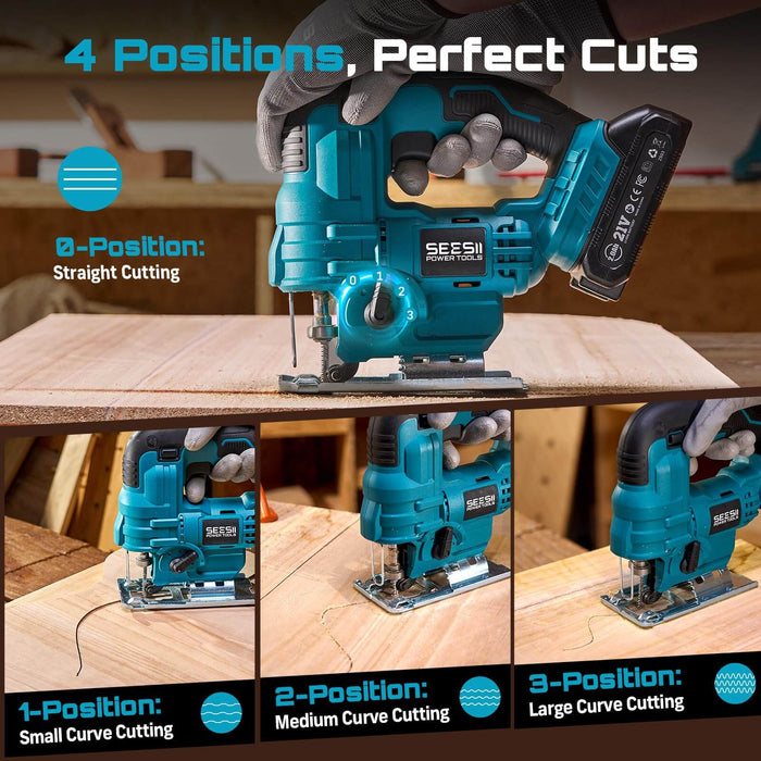4 orbital positions SEESII jigsaw for straight, small, medium and large curve cutting