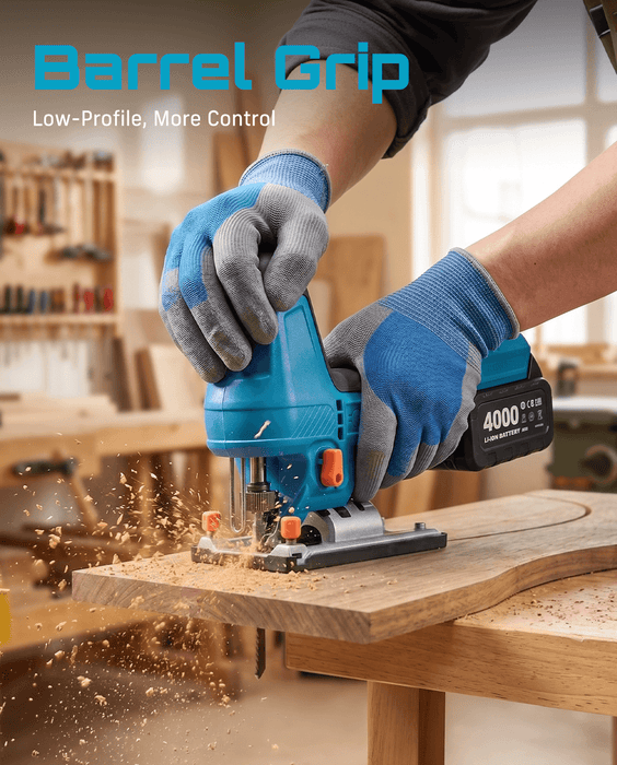 SEESII barrel‑grip cordless jigsaw cutting wood board, low‑profile design for better control