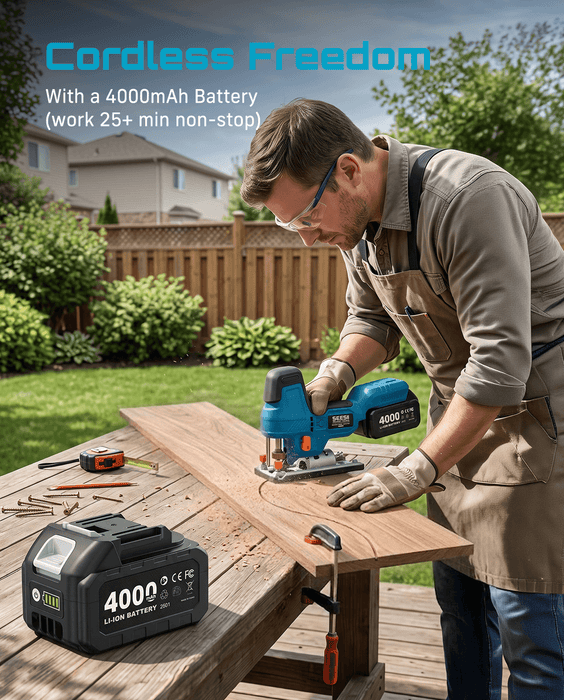 SEESII cordless jigsaw with 4000mAh lithium‑ion battery, cordless freedom for outdoor woodworking