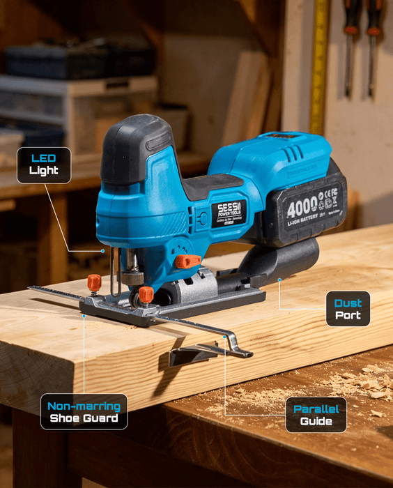 SEESII cordless jigsaw details: LED work light, dust port, parallel guide and non‑marring shoe guard