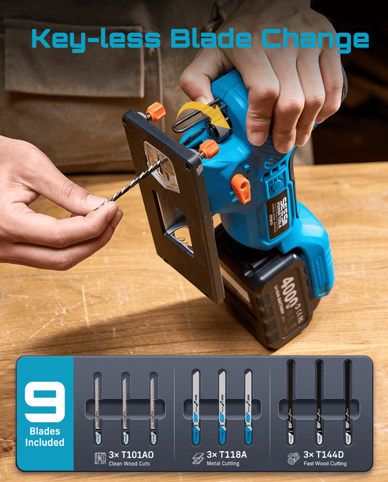 SEESII cordless jigsaw keyless blade change, includes 9 pieces jigsaw blades for wood & metal cutting