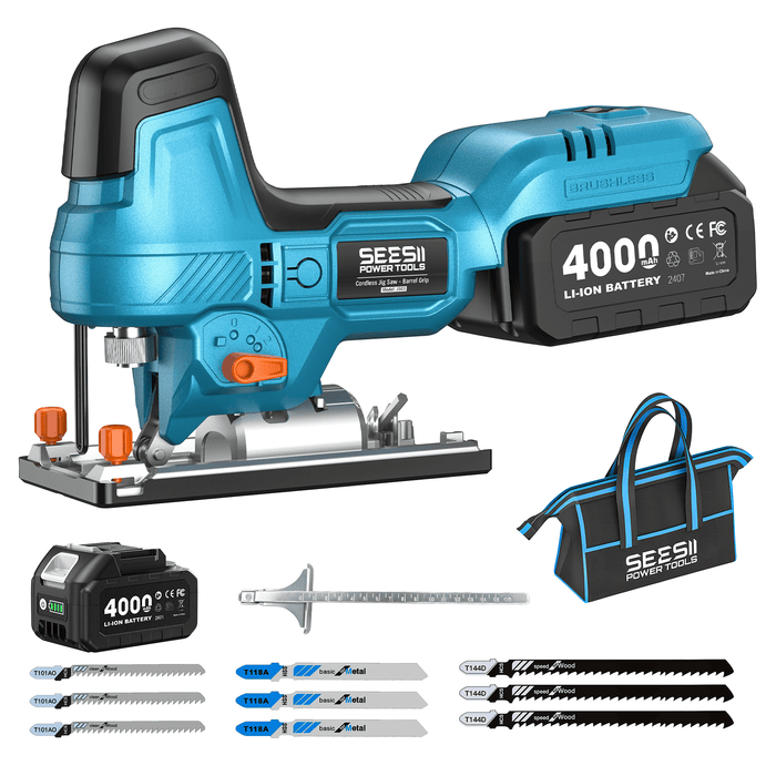 SEESII blue brushless cordless jigsaw complete kit with 4000mAh batteries, 9 saw blades and storage bag