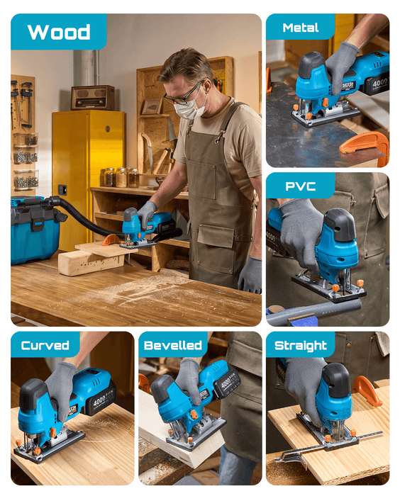 SEESII cordless jigsaw multi‑application: wood, metal, PVC, curved, bevel and straight cuts