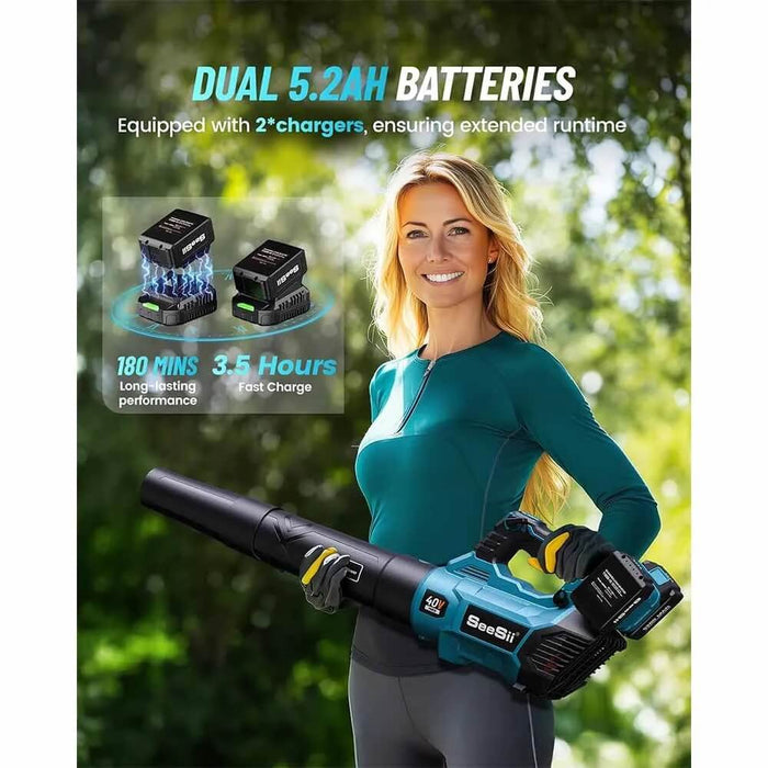 Seesii leaf blower equipped with dual 5.2Ah batteries for 180 mins long runtime