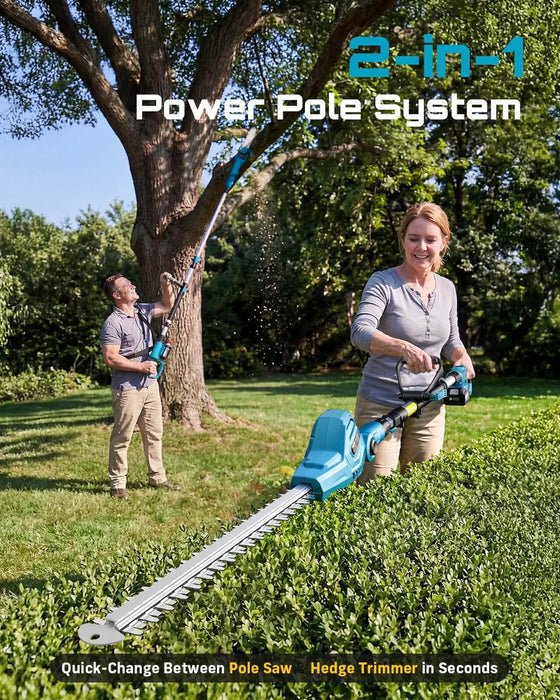 Seesii 2‑in‑1 power pole system quickly switch between pole saw and hedge trimmer for yard trimming work