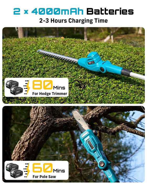 Seesii 2‑in‑1 pole tool with two 4.0Ah batteries up to 80 mins hedge trimmer 60 mins pole saw runtime