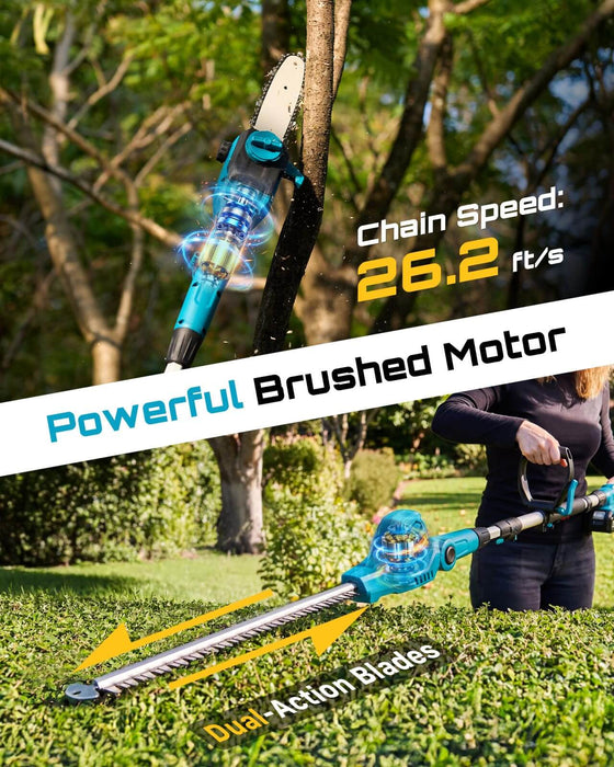 Seesii pure copper brushed motor pole saw 26.2ft/s chain speed dual‑action hedge trimmer blades for garden cutting