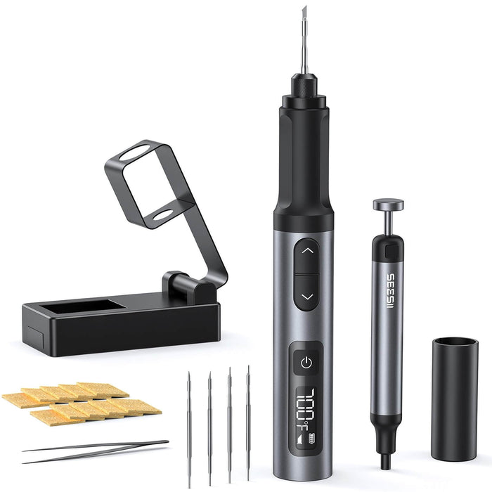 SEESII Cordless Soldering Iron Kit, Precise Temp Control, Protective Cap | Portable Soldering Pen with Digital Display, Foldable Soldering Iron Stand, 390℉-840℉, 7S Fast Heating for Electronics