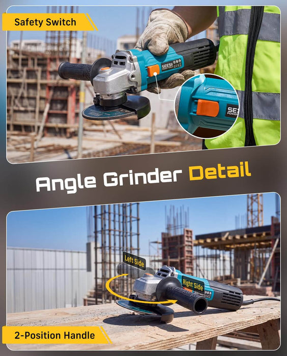 Seesii angle grinder detail safety switch and 2‑position adjustable side handle