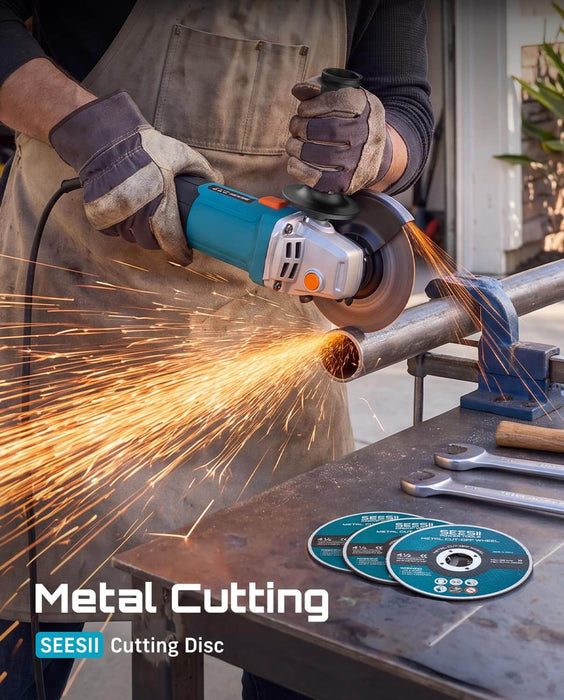 Seesii electric angle grinder cutting metal pipe with sparks heavy‑duty cutting disc