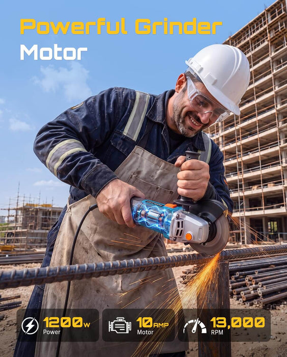 Seesii 1200W electric angle grinder cutting rebar on construction site powerful 13000RPM motor