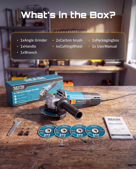 Seesii angle grinder kit box contents grinder handle wrench cutting wheels carbon brushes manual