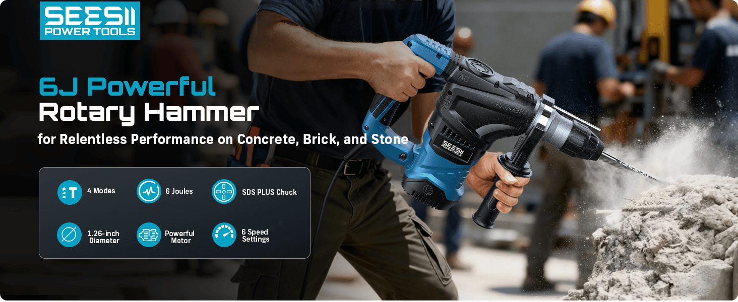 Seesii 6J SDS-Plus rotary hammer drilling concrete—4 modes, safety clutch, anti-vibration