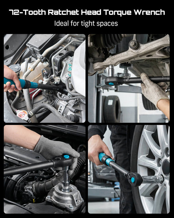 72‑tooth ratchet head of SeeSii torque wrench works well in tight narrow engine compartments