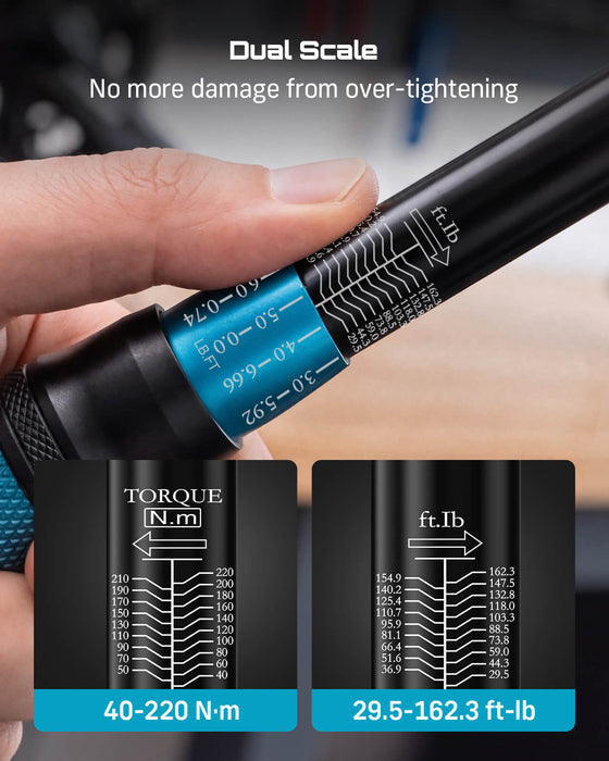Dual scale N·m and ft‑lb close‑up for SeeSii 40‑220Nm torque wrench