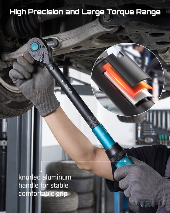 Knurled aluminum non‑slip comfortable grip handle on SeeSii torque wrench for auto repair