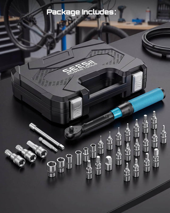 Package contents overview of SEESII bicycle torque wrench set, complete sockets bits and sturdy storage tool box