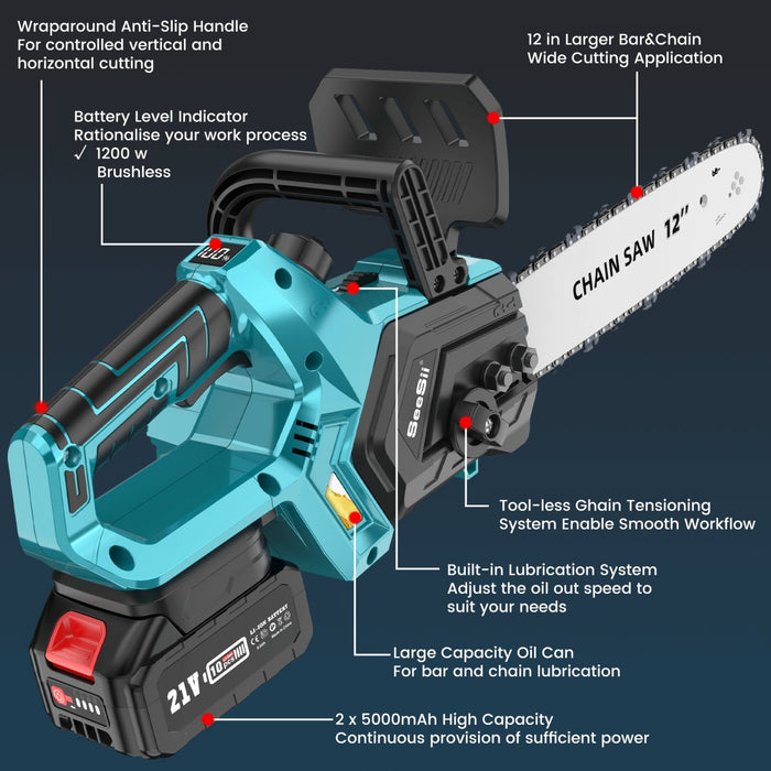 SeeSii CH1200+ Battery Chainsaw 12 Inch with 2*5000mAh Batteries - chainsaw-SeeSii