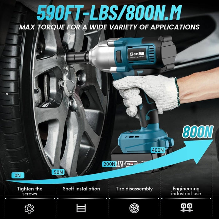 Seesii WH710 1/2‘’ Cordless Impact Wrench, 580Ftlbs(800N.m) Brushless