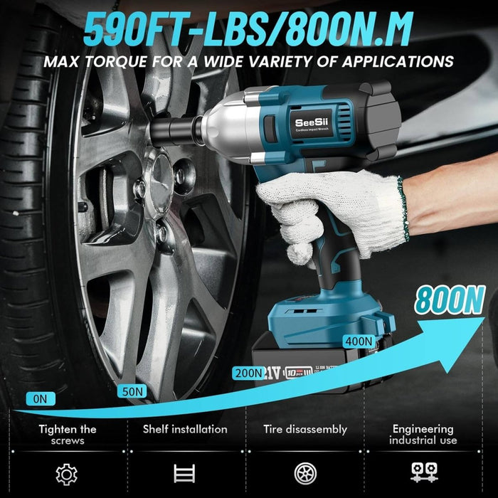 Seesii WH710 1/2‘’ Cordless Impact Wrench, 580Ft-lbs(800N.m) Brushless, 2x4.0Ah Battery, Fast Charger - impact wrench-SeeSii
